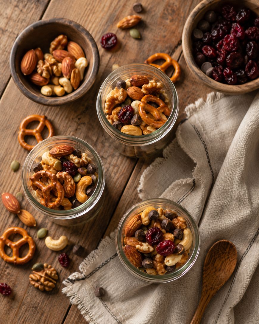 Three glass jars filled with mixed nuts, pretzels, and dried cranberries on a wooden table, with scattered snacks, a wooden bowl, a cloth napkin, and a wooden spoon nearby.