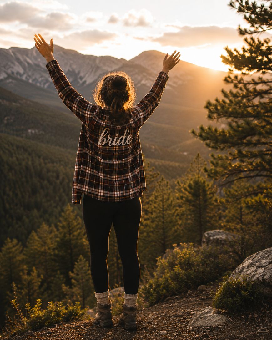 A woman wearing a bride shirt stands on a mountain overlooking a forest and mountains, raising her arms toward the sunset.