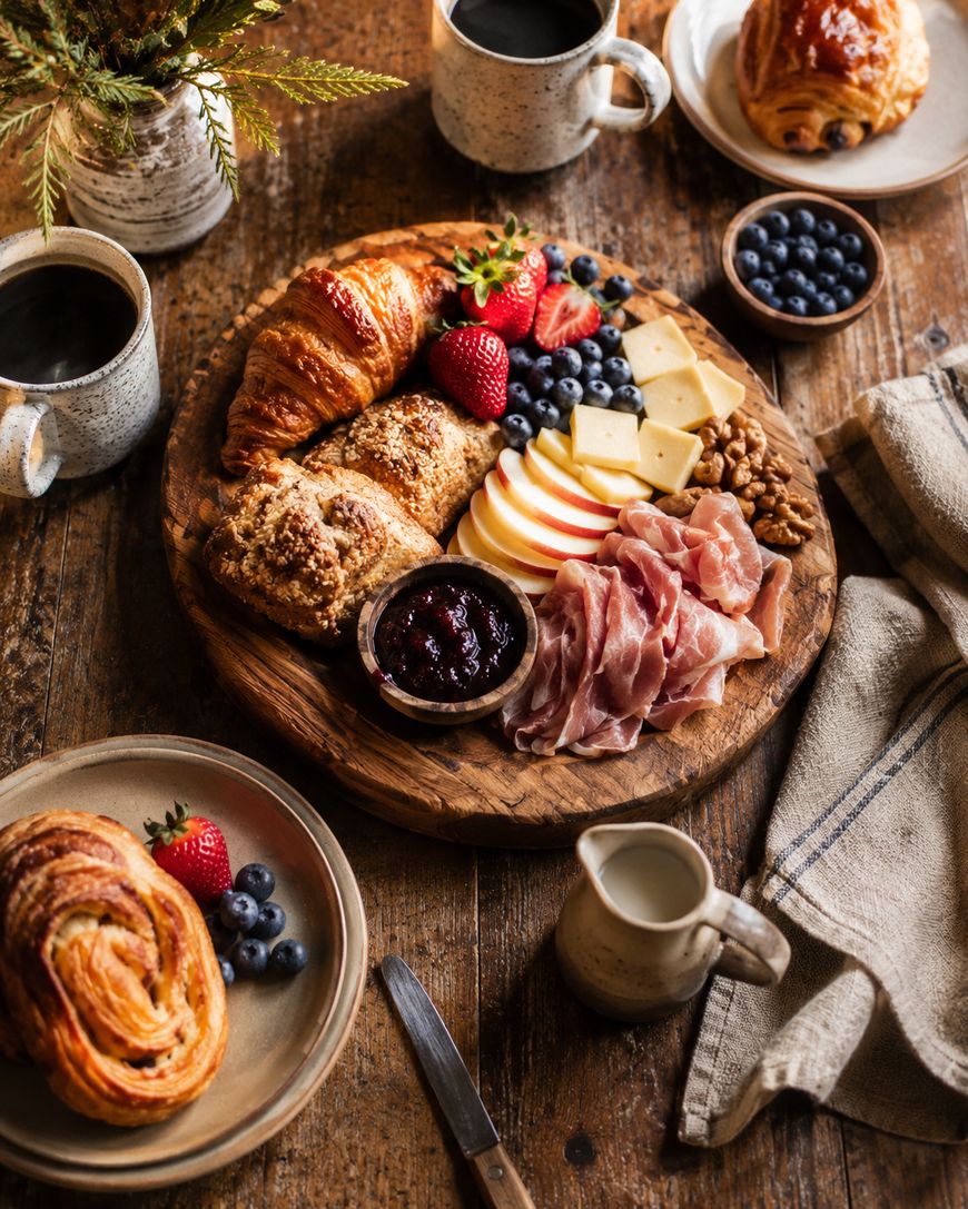 A wooden board with croissants, berries, apple slices, cheese, ham, walnuts, and jam. Surrounded by coffee cups, a pastry, blueberries, milk, and a napkin on a rustic wooden table.