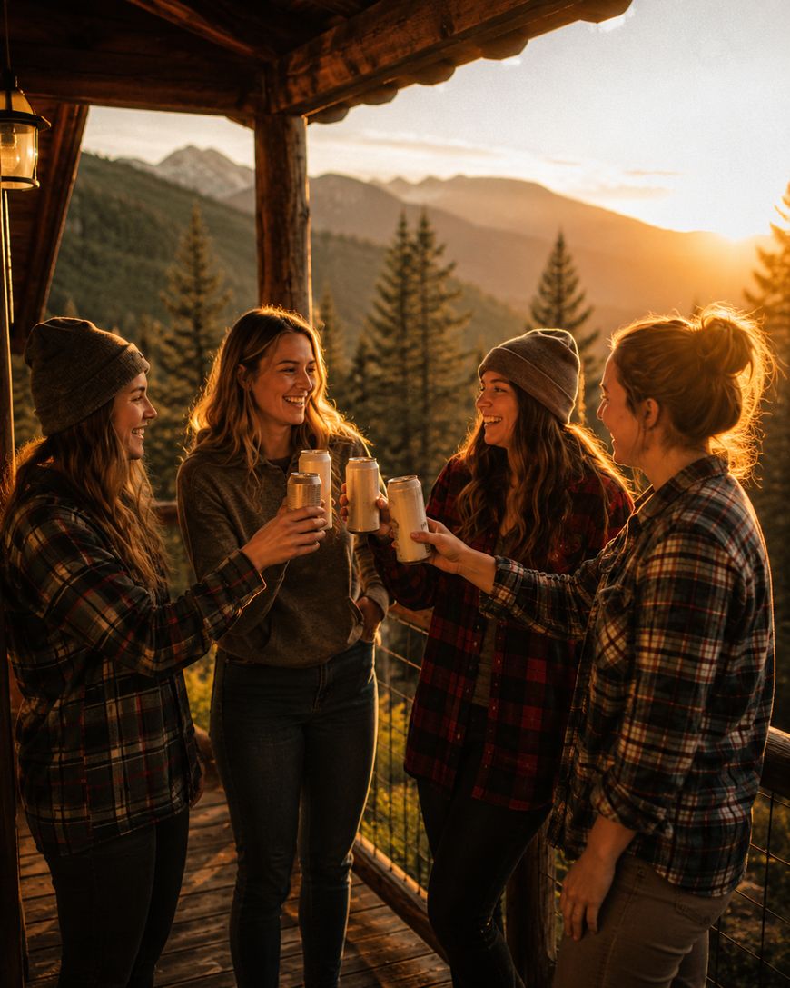 Four women in flannel shirts and beanies smile and toast canned drinks on a wooden porch at sunset, with mountains and pine trees in the background.