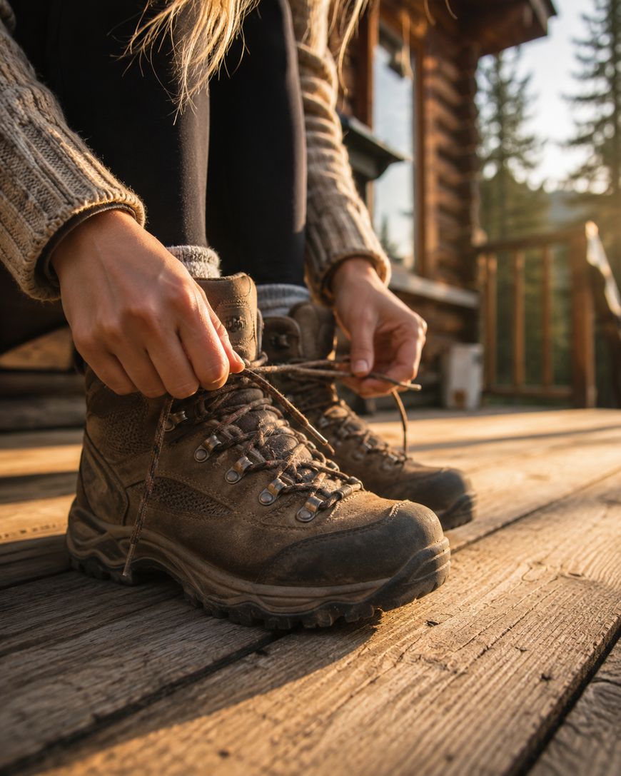 A person sits on a wooden porch, tying the laces of brown hiking boots. Sunlight casts a warm glow, and part of a log cabin and trees are visible in the background.