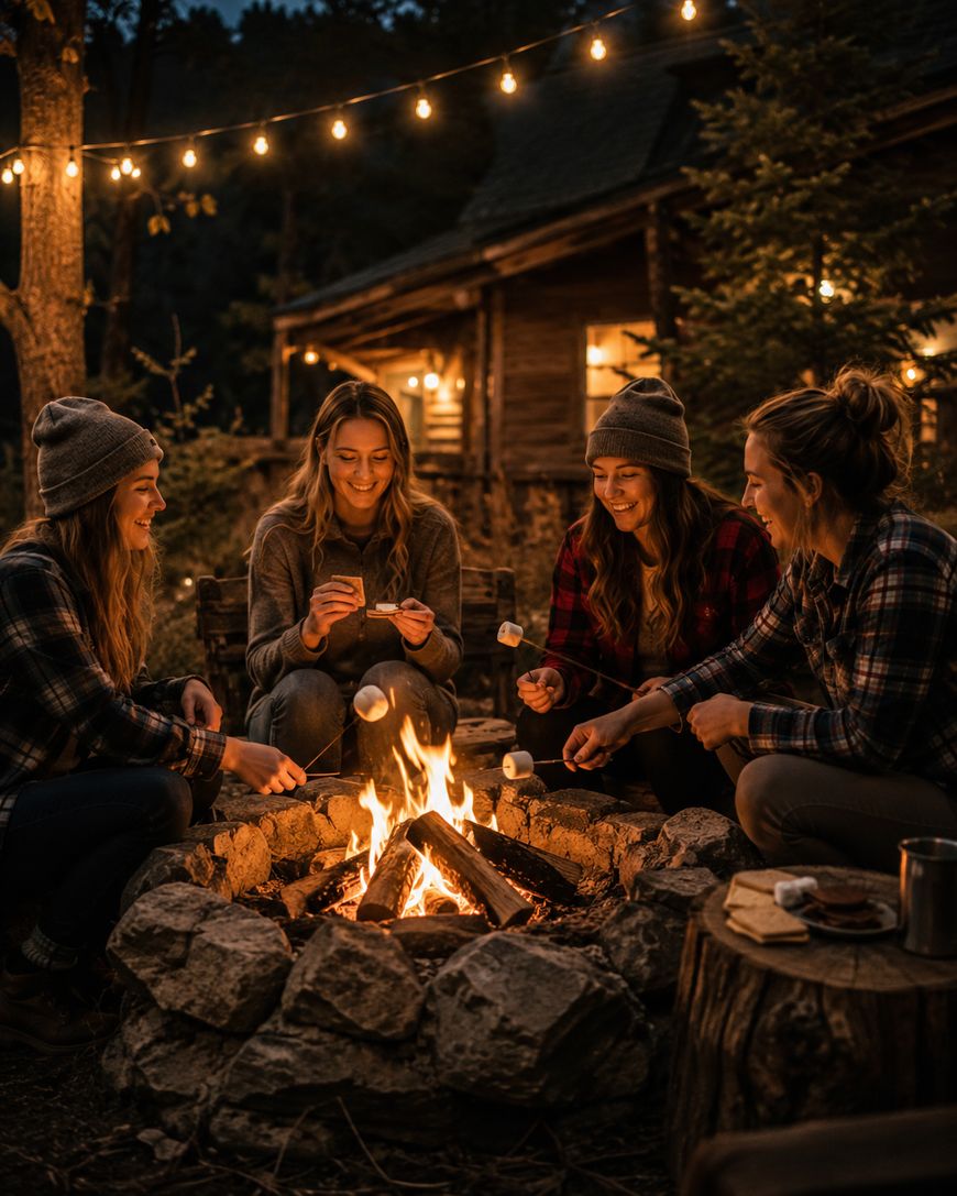 Four people in warm clothing sit around a campfire at night, roasting marshmallows and smiling. String lights and a wooden cabin glow in the background, creating a cozy, rustic atmosphere in a forested setting.