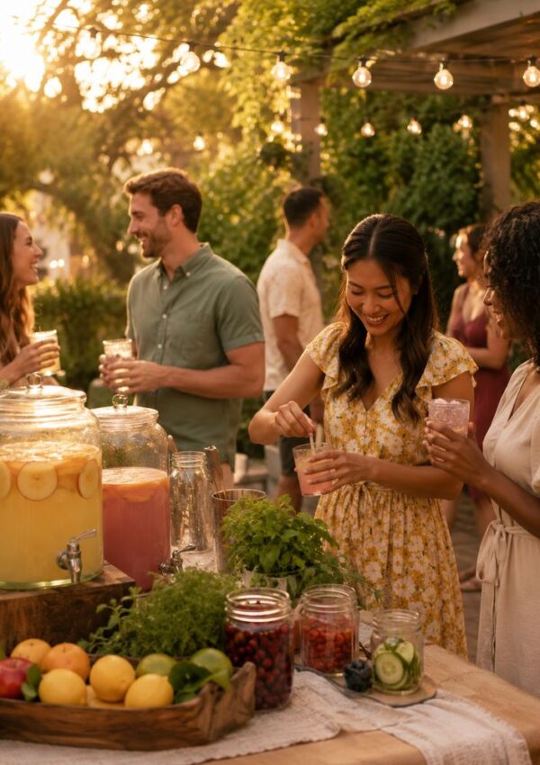 People enjoy drinks and conversation at an outdoor garden party. A table holds pitchers of lemonade, fresh fruit, and herbs—perfect for a cheerful lemonade bar setup. String lights and lush greenery create a warm, festive atmosphere at sunset, making this lemonade party unforgettable.