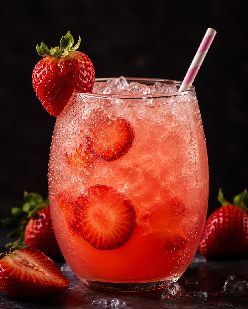 A glass of strawberry lemonade with ice, sliced strawberries, a whole strawberry on the rim, and a pink-striped straw.