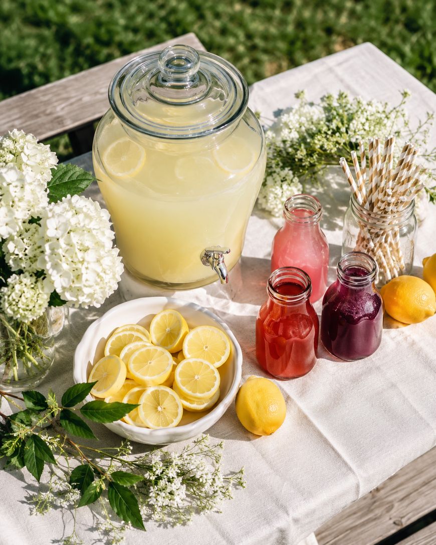 A glass dispenser of lemonade with lemon slices, three bottles of colorful juice, a bowl of lemon slices, lemons, flowers, and paper straws on a white cloth-covered table outdoors.