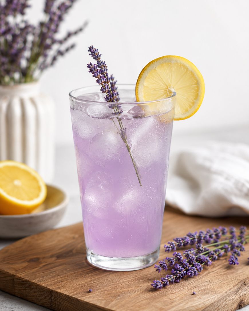 A glass of purple iced drink garnished with a slice of lemon and a sprig of lavender, sitting on a wooden board with more lavender and a cut lemon nearby.