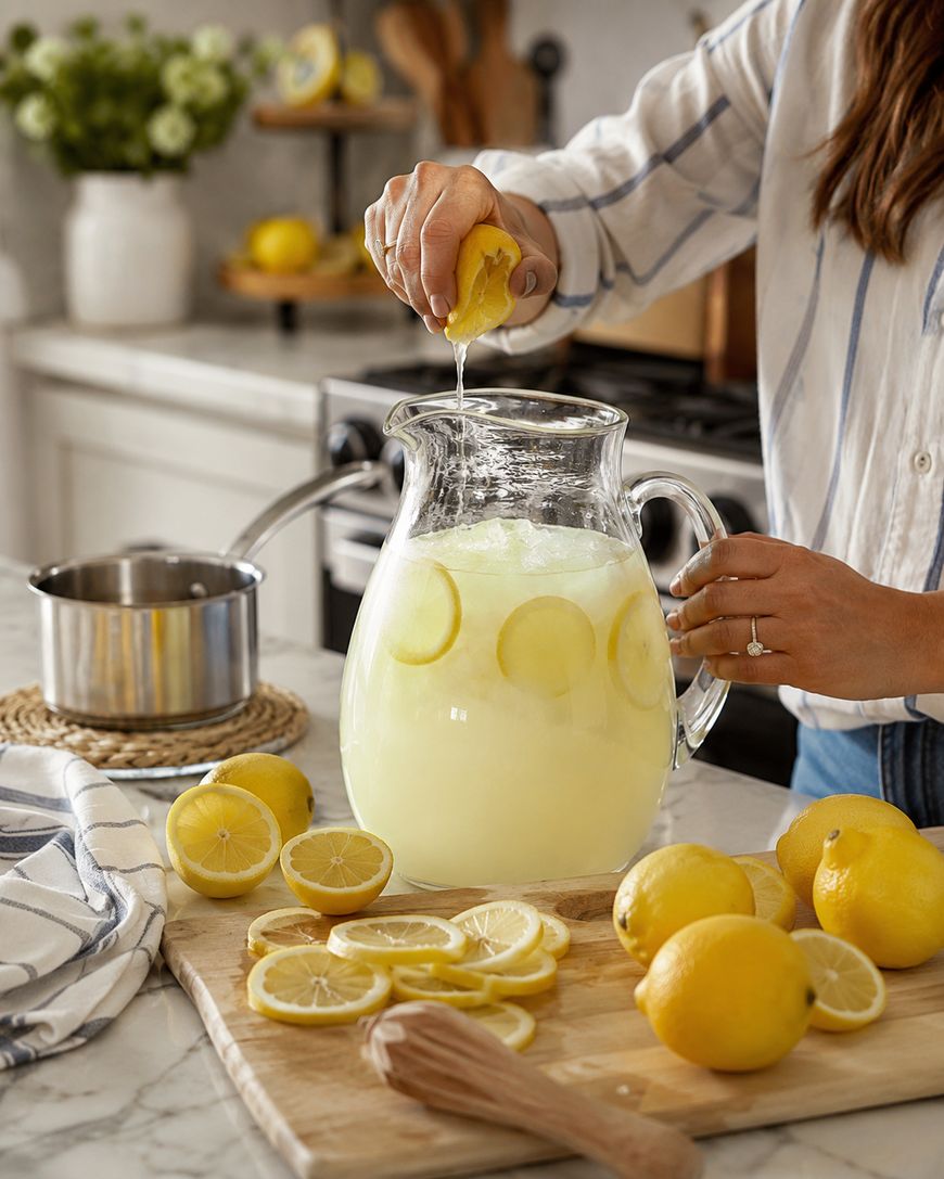 A person squeezes a lemon into a large glass pitcher of lemonade on a kitchen counter, surrounded by whole and sliced lemons, a wooden juicer, and a saucepan in the background.
