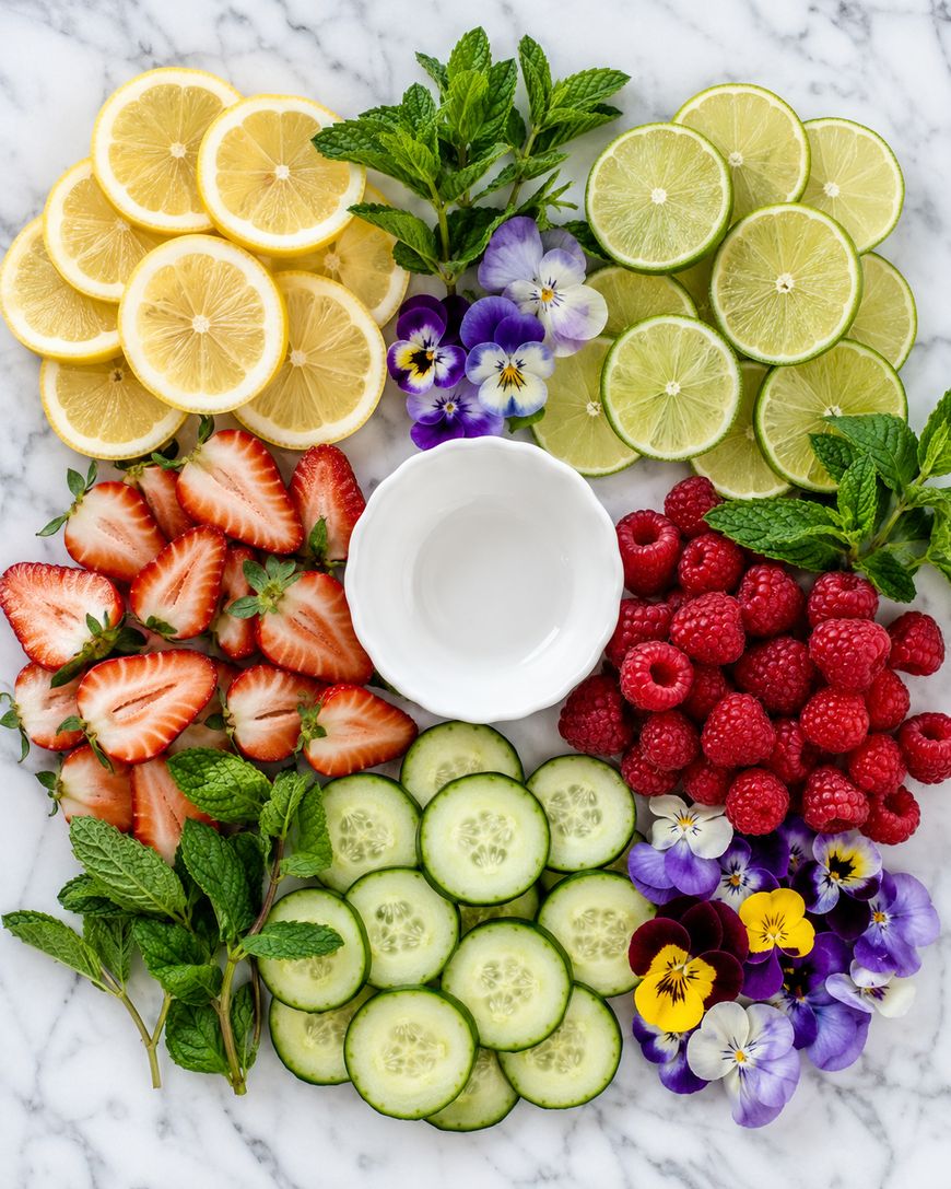 Sliced lemons, limes, strawberries, cucumbers, raspberries, mint, and edible flowers arranged around an empty white dish on a marble surface.