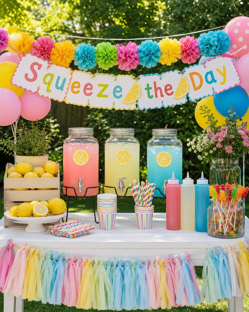 A colorful lemonade stand with three large drink dispensers, lemons, striped cups, colorful straws, and a “Squeeze the Day” banner decorated with flowers and balloons, set outdoors on a sunny day.