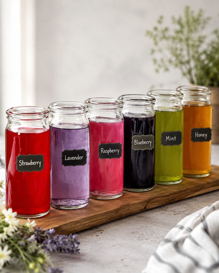 Six glass jars with colorful drinks labeled strawberry, lavender, raspberry, blueberry, mint, and honey sit in a row on a wooden board. Flowers and herbs are arranged around the jars.