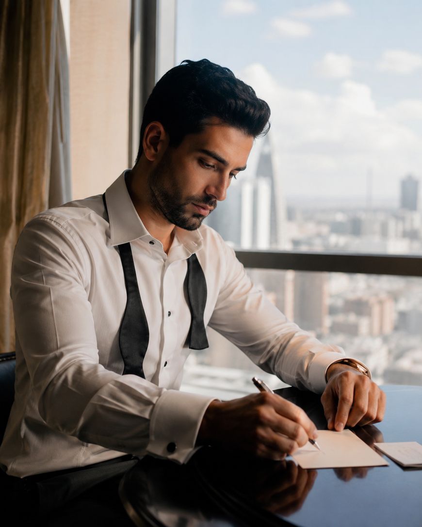 A man in a white shirt with an untied black bow tie sits at a table by a window, writing on paper. City skyscrapers are visible in the background through the large window.