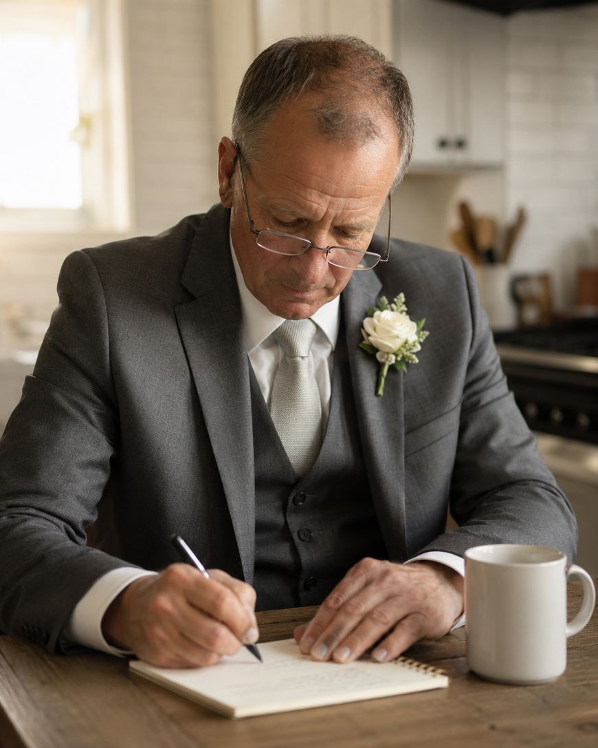 A man in a suit with a white rose boutonnière sits at a table, writing in a notebook with a pen. He wears glasses and has a mug nearby. The setting appears to be a bright kitchen or dining area.