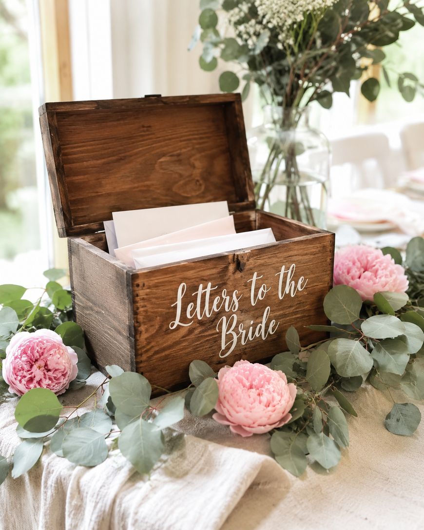 A wooden box labeled Letters to the Bride sits open with envelopes inside, surrounded by pink peonies, eucalyptus leaves, and a vase of white flowers in the background.