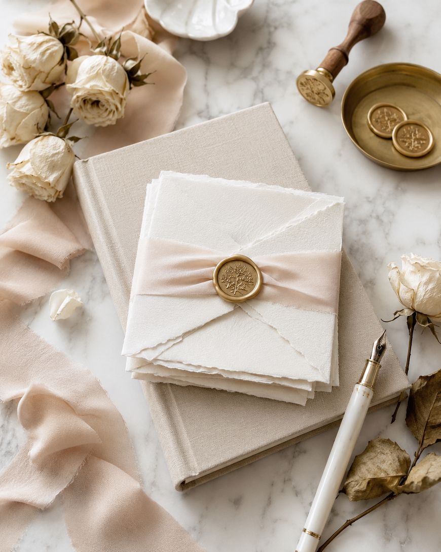 Stack of elegant envelopes with a gold wax seal, soft blush ribbon, dried roses, a fountain pen, and a book on a marble surface, encapsulating a romantic, vintage aesthetic.