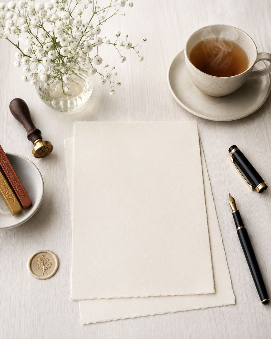 Two blank sheets of paper, a fountain pen, a cup of tea, a wax seal set, and a small vase of white flowers arranged neatly on a light-colored table.