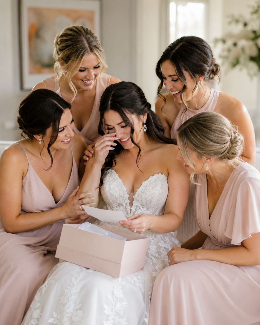 A bride in a white dress, surrounded by four bridesmaids in blush dresses, smiles emotionally while holding a note and a pink gift box. Everyone appears joyful and supportive.