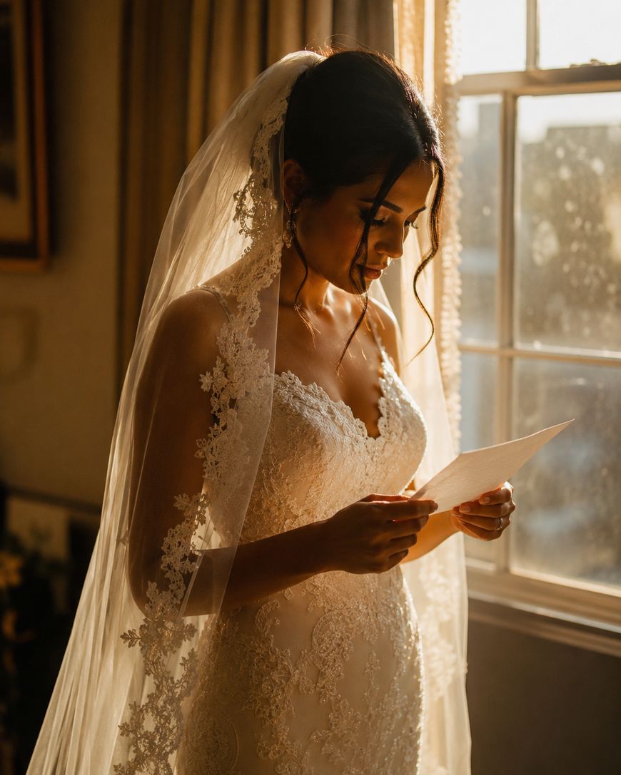 A bride in a lace wedding dress and veil stands by a sunlit window, holding and reading a piece of paper with a soft, thoughtful expression.