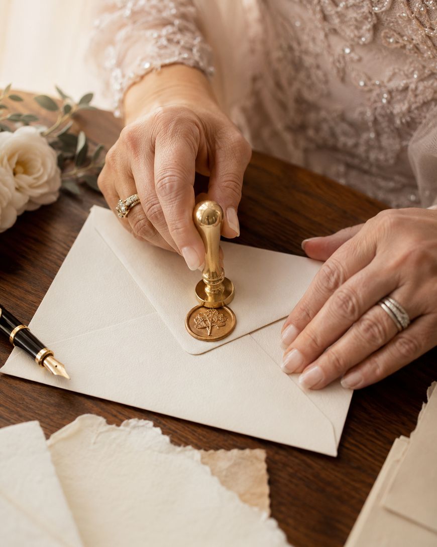A person seals an envelope with a gold wax seal stamp. The scene includes a fountain pen, flowers, and decorative paper on a wooden table. The person wears a lace sleeve and rings.