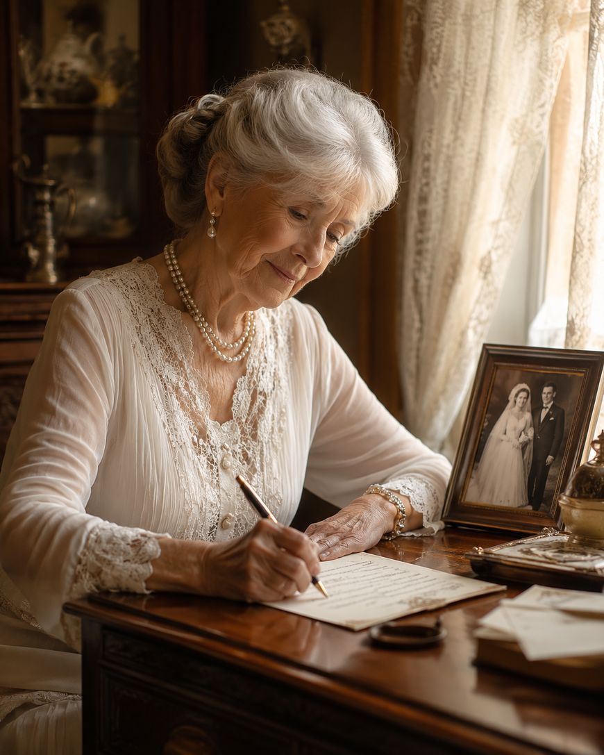 An elderly woman in a white dress writes a letter at a wooden desk near a window. A framed wedding photo sits beside her, and sunlight filters through lace curtains, creating a warm, nostalgic atmosphere.