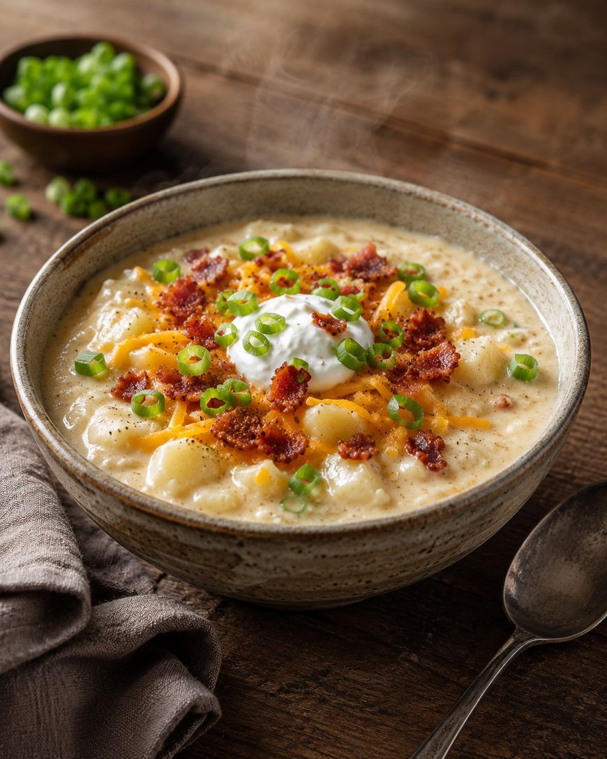 A bowl of creamy potato soup topped with shredded cheese, crispy bacon, sliced green onions, and a dollop of sour cream sits on a wooden table next to a spoon and a small bowl of green onions. Steam rises from the soup.