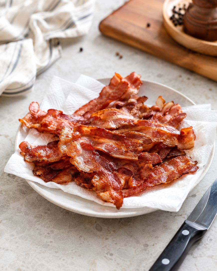 A plate of crispy cooked bacon strips rests on paper towels, set on a light countertop with a knife nearby and a wooden pepper grinder in the background.