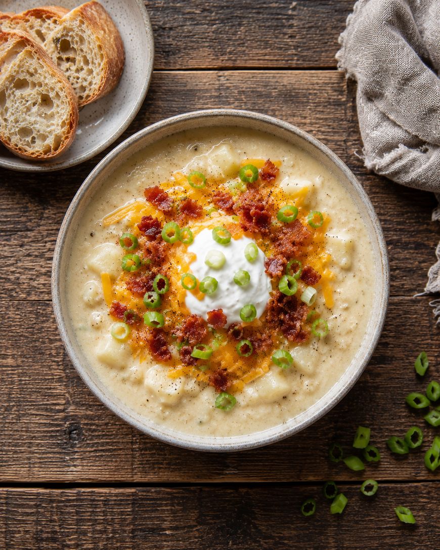 A bowl of creamy soup topped with shredded cheese, bacon bits, sour cream, and chopped green onions sits on a wooden table next to sliced bread and a beige napkin.