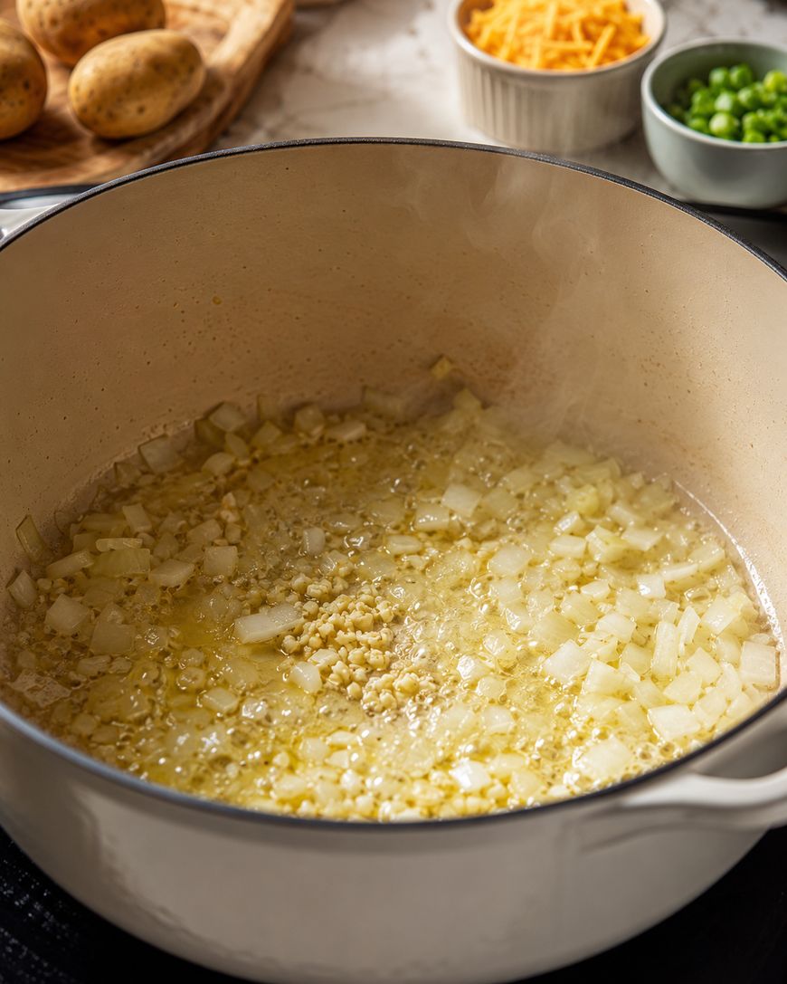 Chopped onions and minced garlic sautéing in a pot, with bowls of potatoes, shredded cheese, and green peas visible in the background. Steam rises from the cooking vegetables.