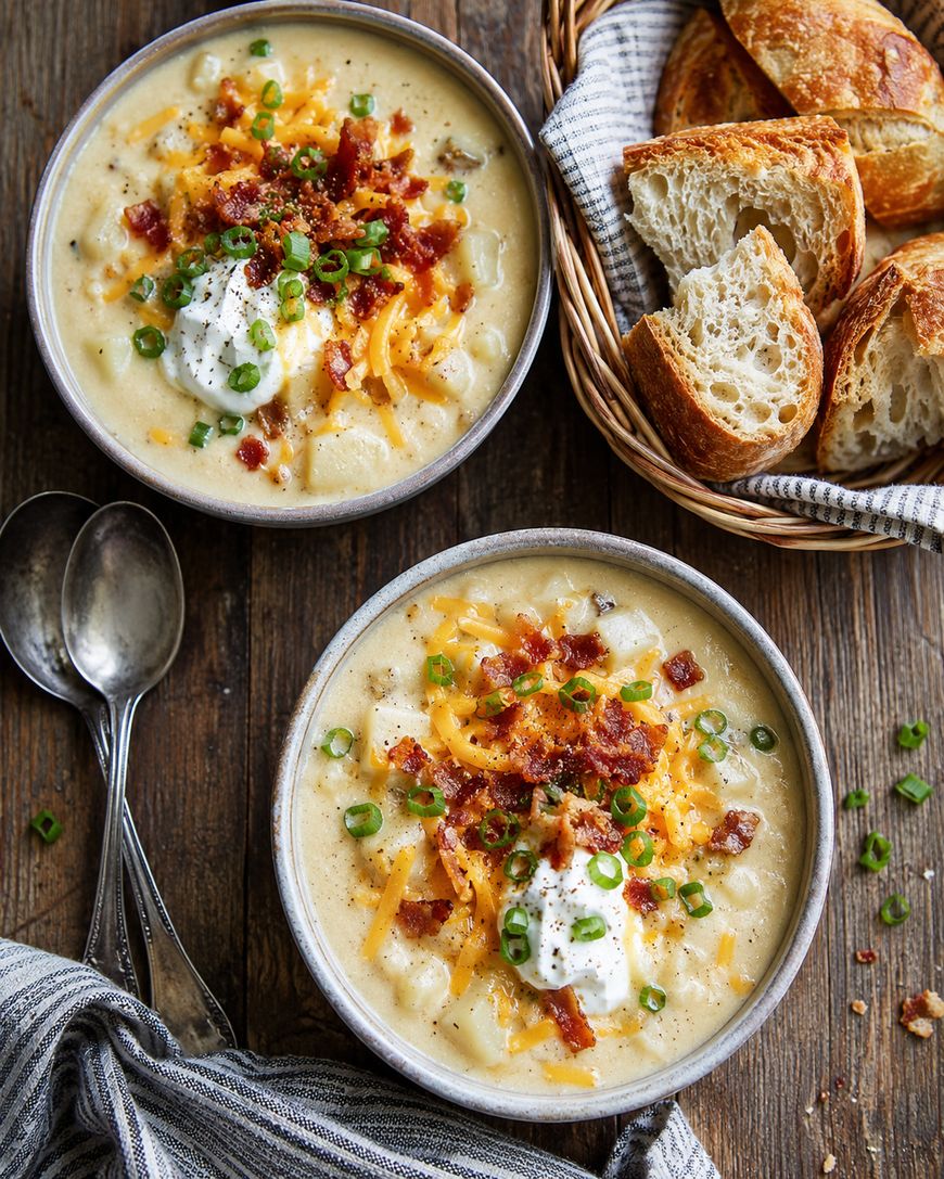 Two bowls of creamy soup topped with bacon, cheddar cheese, sour cream, and green onions, served with sliced crusty bread in a basket and two spoons on a rustic wooden table.