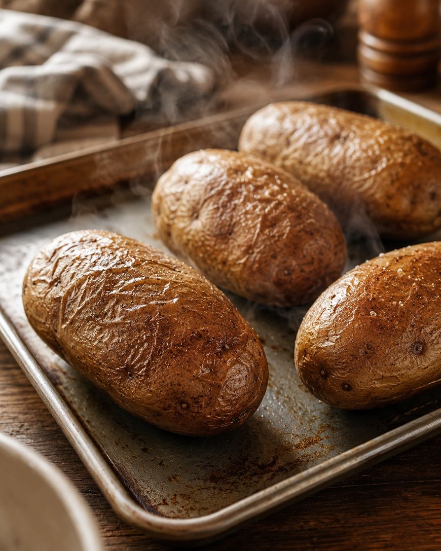 Four steaming baked potatoes with crispy skins sit on a metal baking sheet, sprinkled with salt, with a rustic kitchen towel and other items in the blurred background.