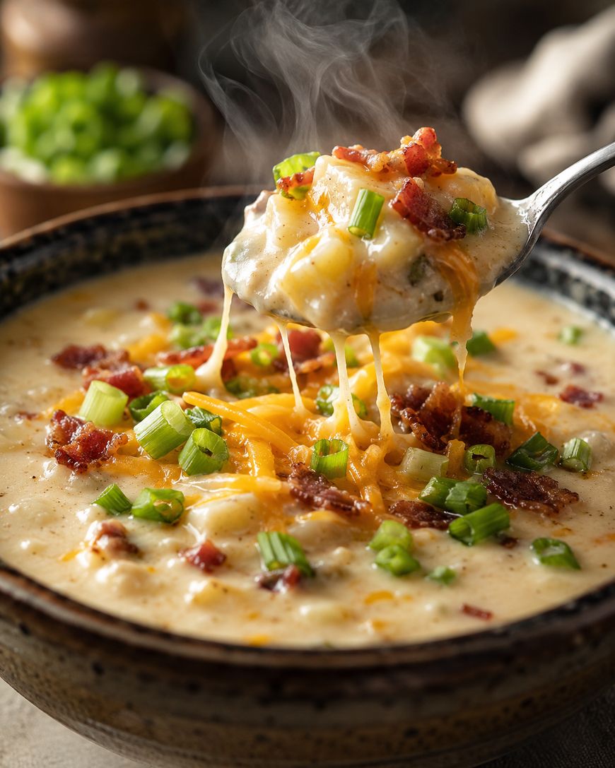 A spoon lifts cheesy, creamy potato soup topped with bacon bits and chopped green onions from a rustic bowl. Steam rises from the hot soup.