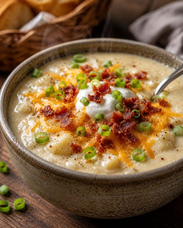 A bowl of creamy potato soup topped with shredded cheese, bacon bits, sour cream, and chopped green onions, with a spoon in the bowl. A basket of bread is in the background.