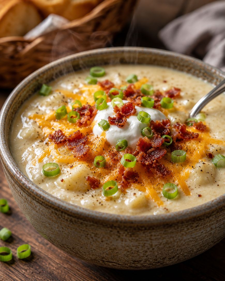 A bowl of creamy potato soup topped with shredded cheese, bacon bits, sour cream, and chopped green onions, with a spoon in the bowl. A basket of bread is in the background.