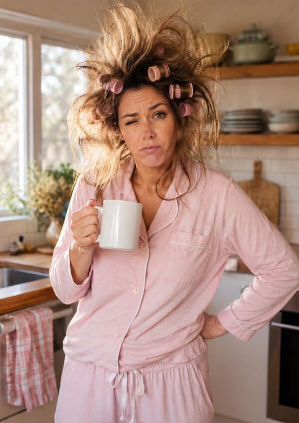 A woman in pink pajamas stands in a kitchen with messy hair in curlers, holding a white mug and raising an eyebrow, looking tired or confused.