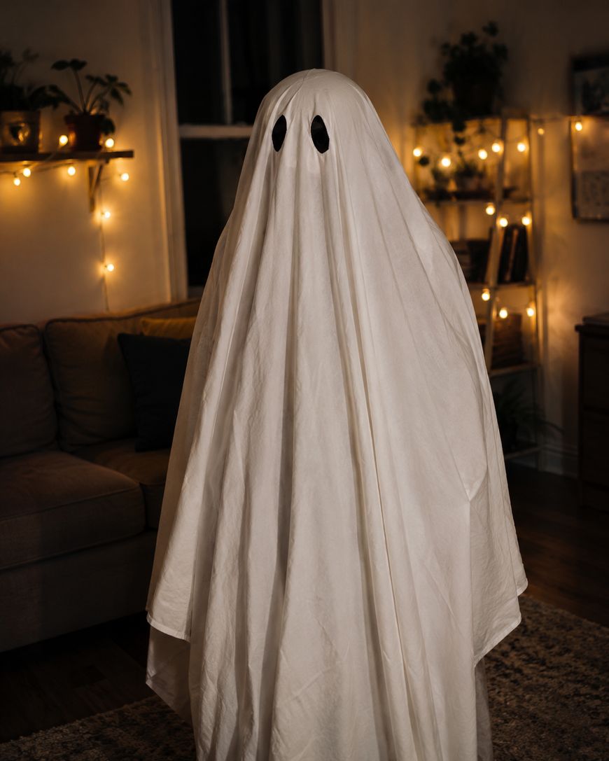 A person stands in a cozy, dimly lit room wearing a white sheet ghost costume with black eye holes. String lights and plants decorate the background.