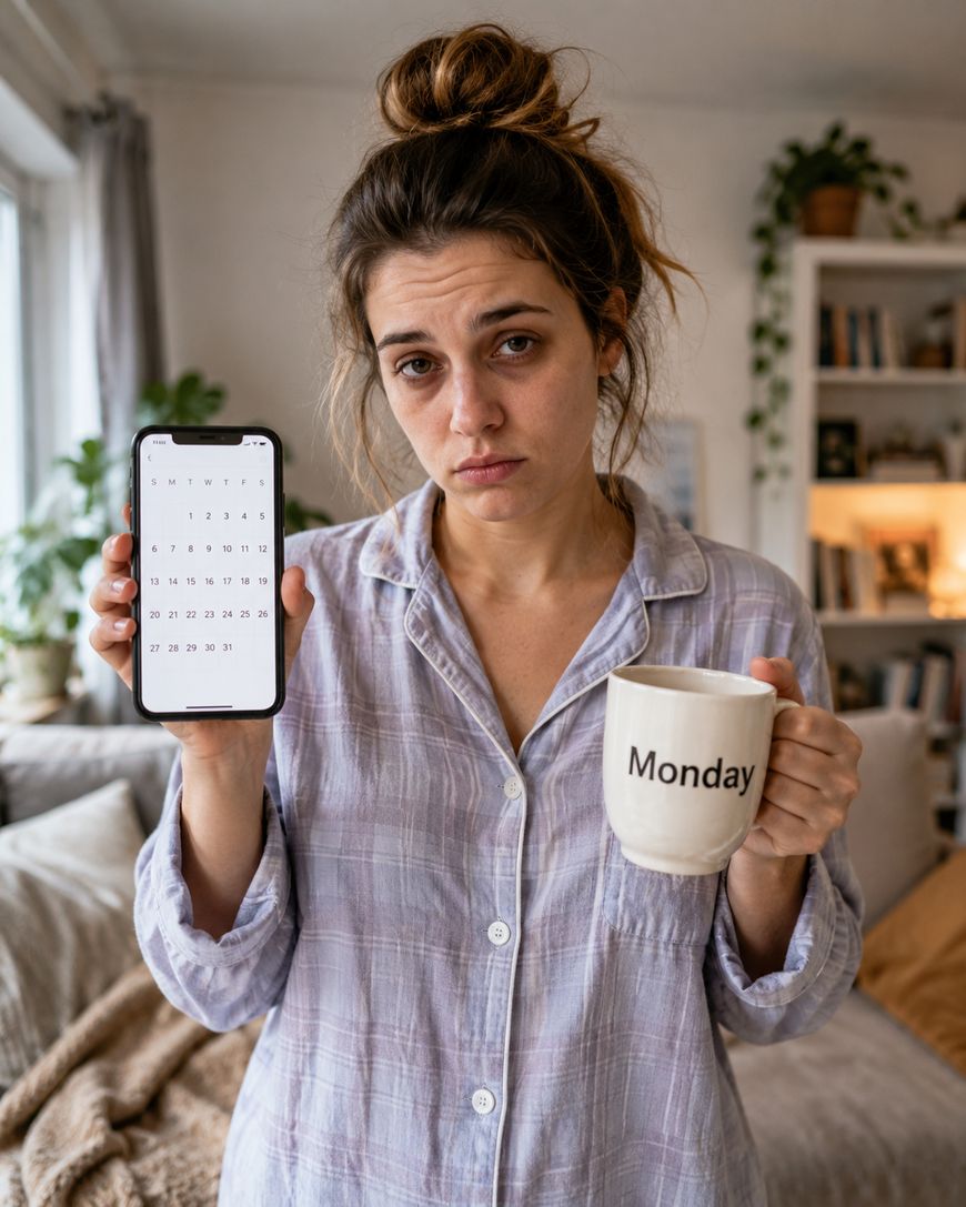 A tired woman in pajamas holds up a phone with a calendar displayed and a mug labeled Monday in a cozy living room.
