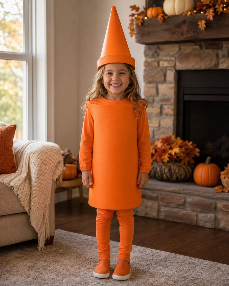 A smiling child in an orange crayon costume stands indoors near a fireplace decorated with autumn leaves and pumpkins.