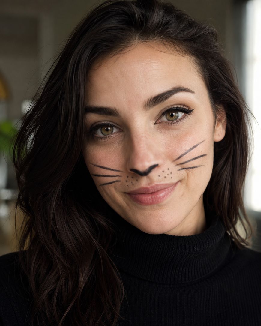 A woman with long dark hair wearing a black turtleneck has black makeup on her nose and drawn-on whiskers and freckles, resembling a cat. She is smiling softly and looking directly at the camera.