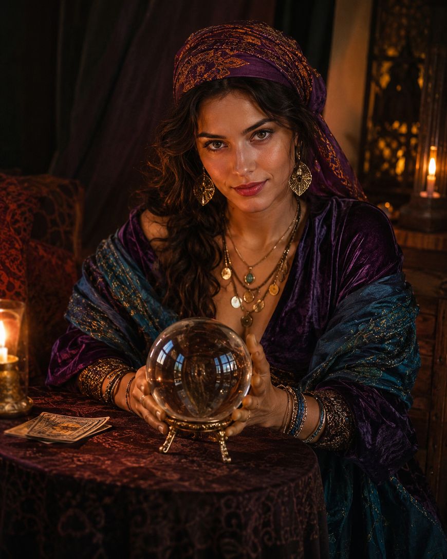 A woman in colorful, bohemian clothing sits at a table with a crystal ball, tarot cards, and candles, gazing forward with a mysterious expression.