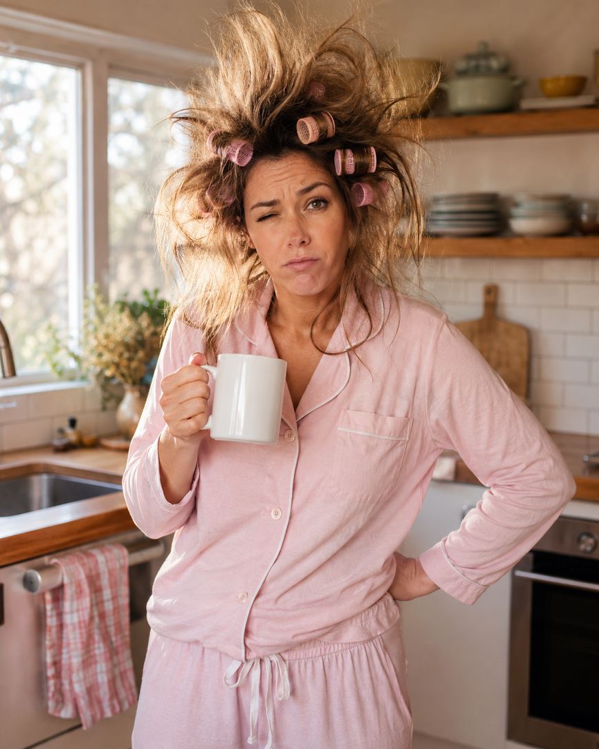 Woman in pink pajamas with messy hair and curlers holds a white mug in a kitchen, looking tired and raising one eyebrow, standing with one hand on her hip.