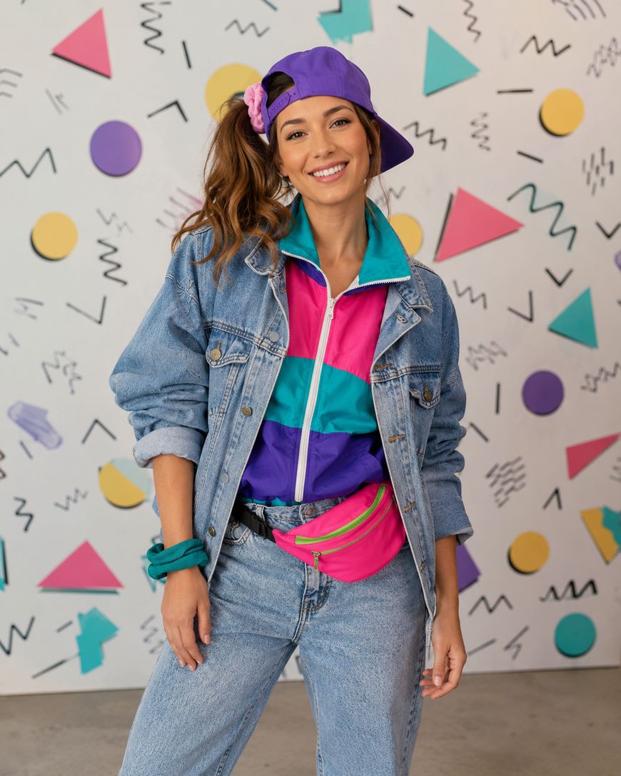 Woman in 80s-style clothing with a denim jacket and jeans, colorful windbreaker, purple cap, fanny pack, and scrunchie, standing in front of a patterned background with geometric shapes.