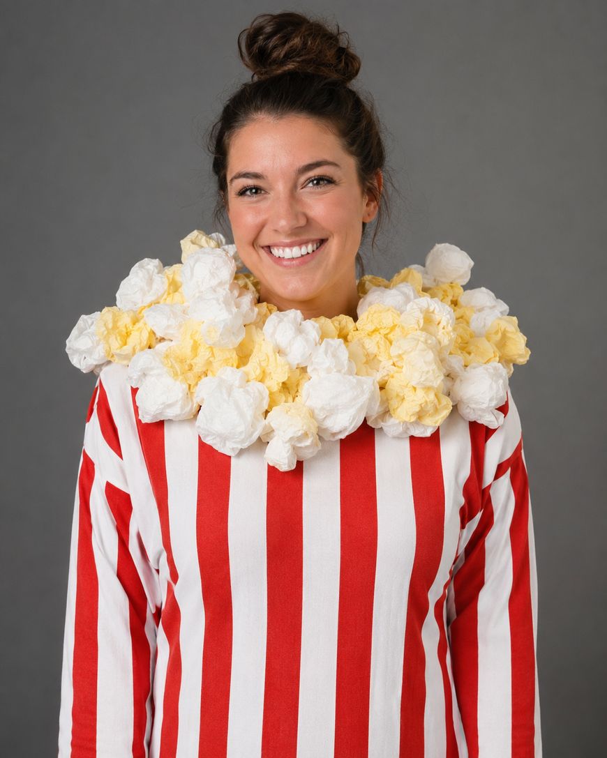 A woman wears a red and white striped shirt with white and yellow paper resembling popcorn around her neck, smiling in front of a gray background.