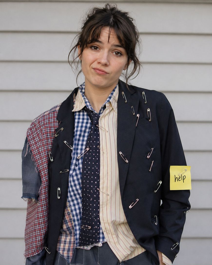 A woman in mismatched clothes covered with safety pins stands in front of a wall, smirking. A sticky note with help is attached to her jacket sleeve.