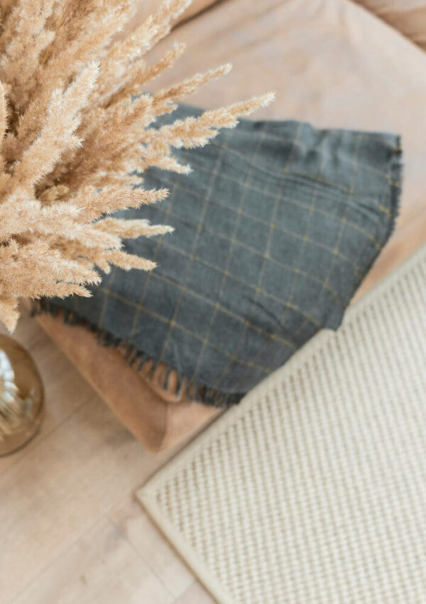 A beige sofa with a gray plaid throw blanket, a vase filled with dried pampas grass, and a textured cream rug on a light wood floor.