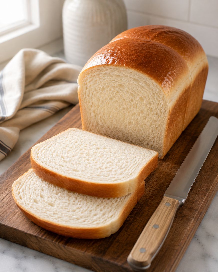 A loaf of white bread with two slices cut, sitting on a wooden cutting board next to a bread knife, with a cloth and a ceramic jar in the background.