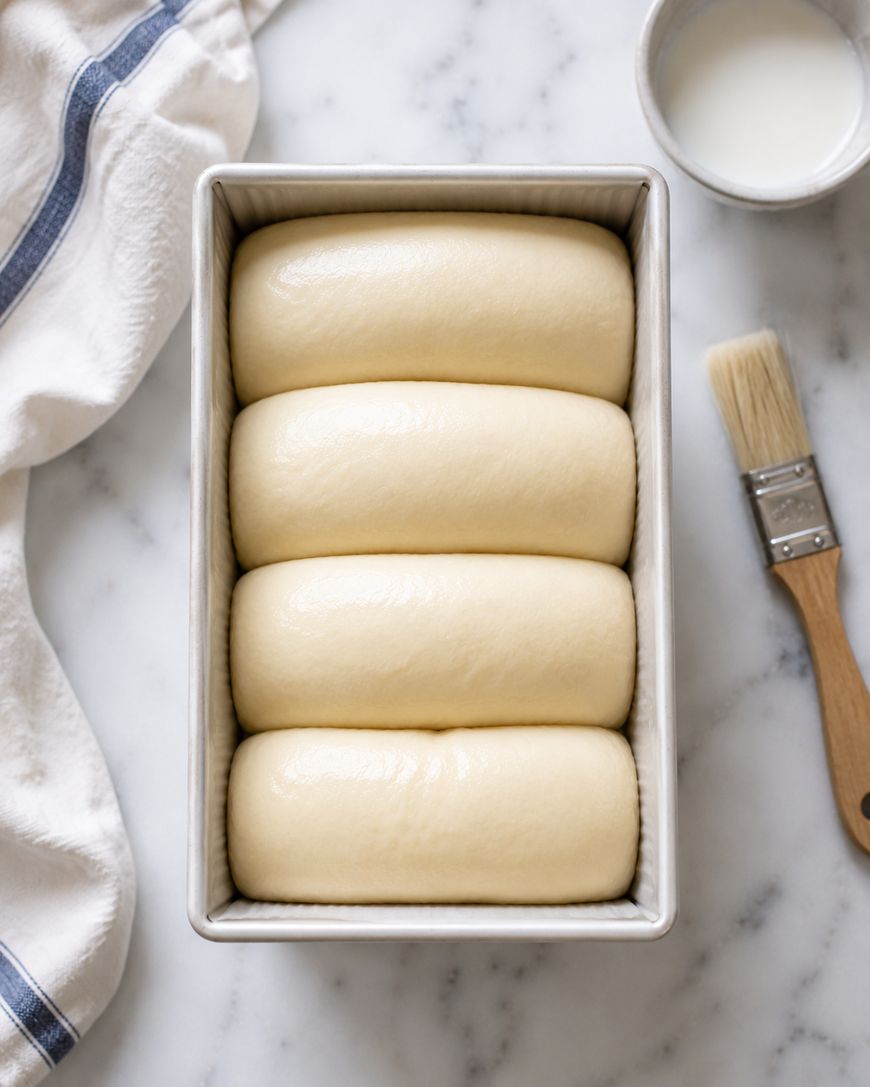 A loaf pan with four smooth, proofed dough rolls, ready to bake. Nearby are a pastry brush, a cup of milk, and a white towel with a blue stripe, all on a marble countertop.