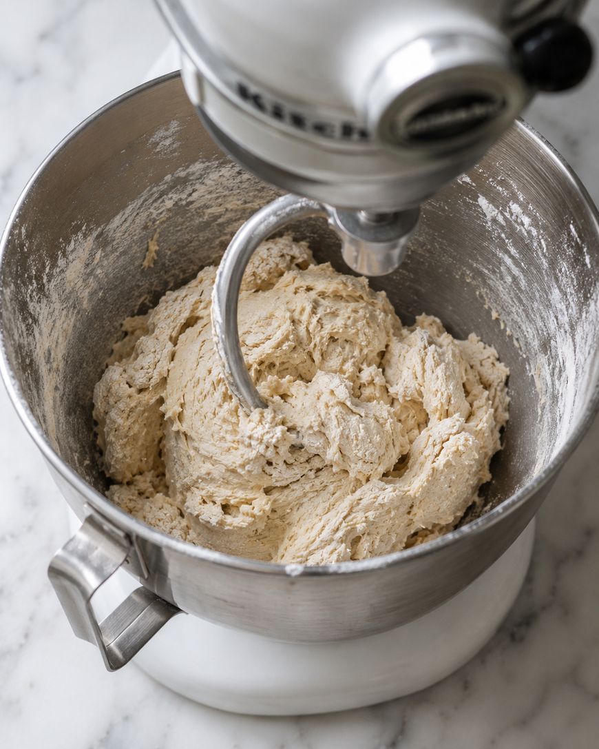 A stand mixer with a dough hook attachment is mixing bread dough in a stainless steel bowl on a marble countertop.