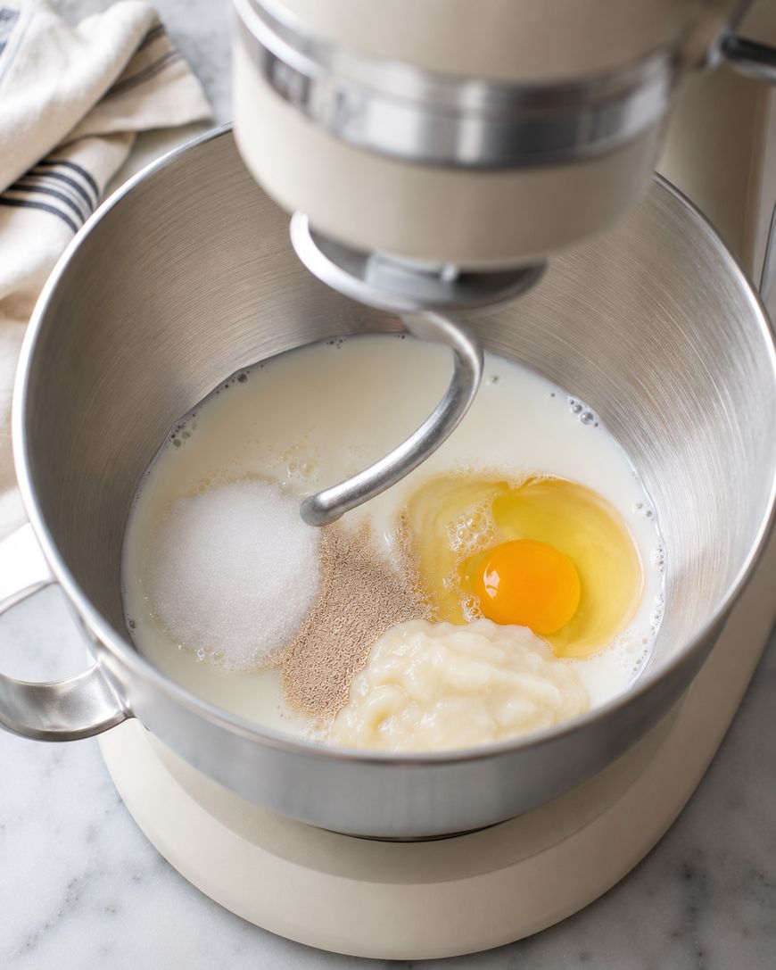 A stand mixer bowl contains milk, sugar, active dry yeast, an egg, and mashed banana, ready to be mixed. The dough hook attachment is positioned above the ingredients.
