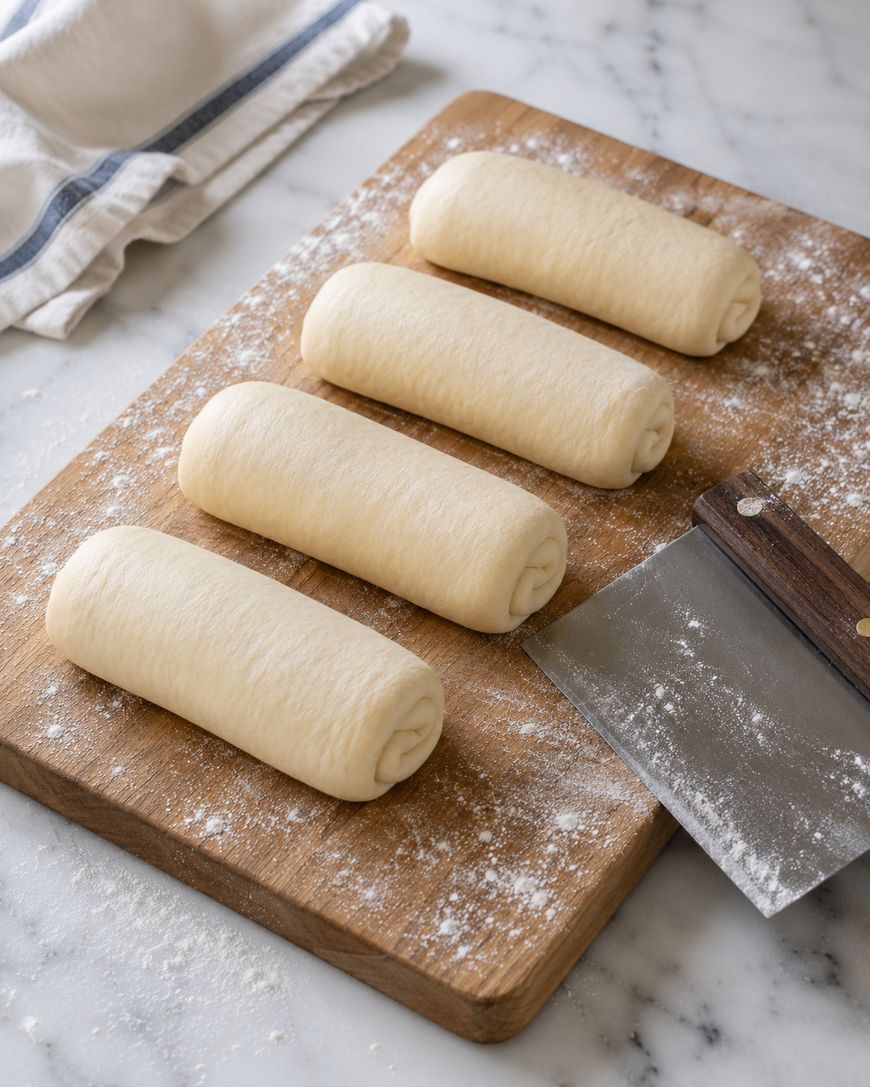Four rolled pieces of dough rest on a floured wooden board next to a metal bench scraper, with a cloth napkin nearby on a marble countertop.