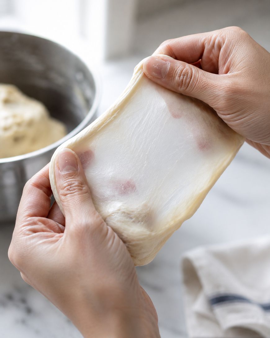 Two hands stretch a piece of dough to show its thin, translucent texture. A metal bowl with more dough is in the background on a marble surface.
