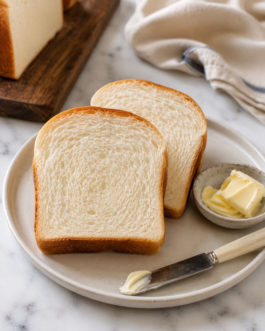 Two slices of white bread on a plate with a dish of butter and a butter knife, set on a marble surface with a cloth napkin and a loaf of bread in the background.